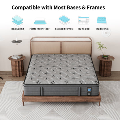 Matelas Modland Hybrid 14 pouces à plateau européen moyen, matelas à ressorts ensachés livré dans une boîte