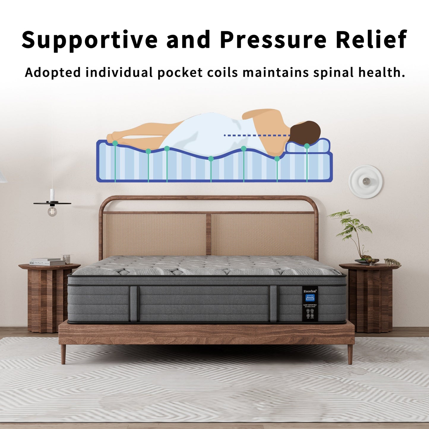 Matelas Modland Hybrid 14 pouces à plateau européen moyen, matelas à ressorts ensachés livré dans une boîte