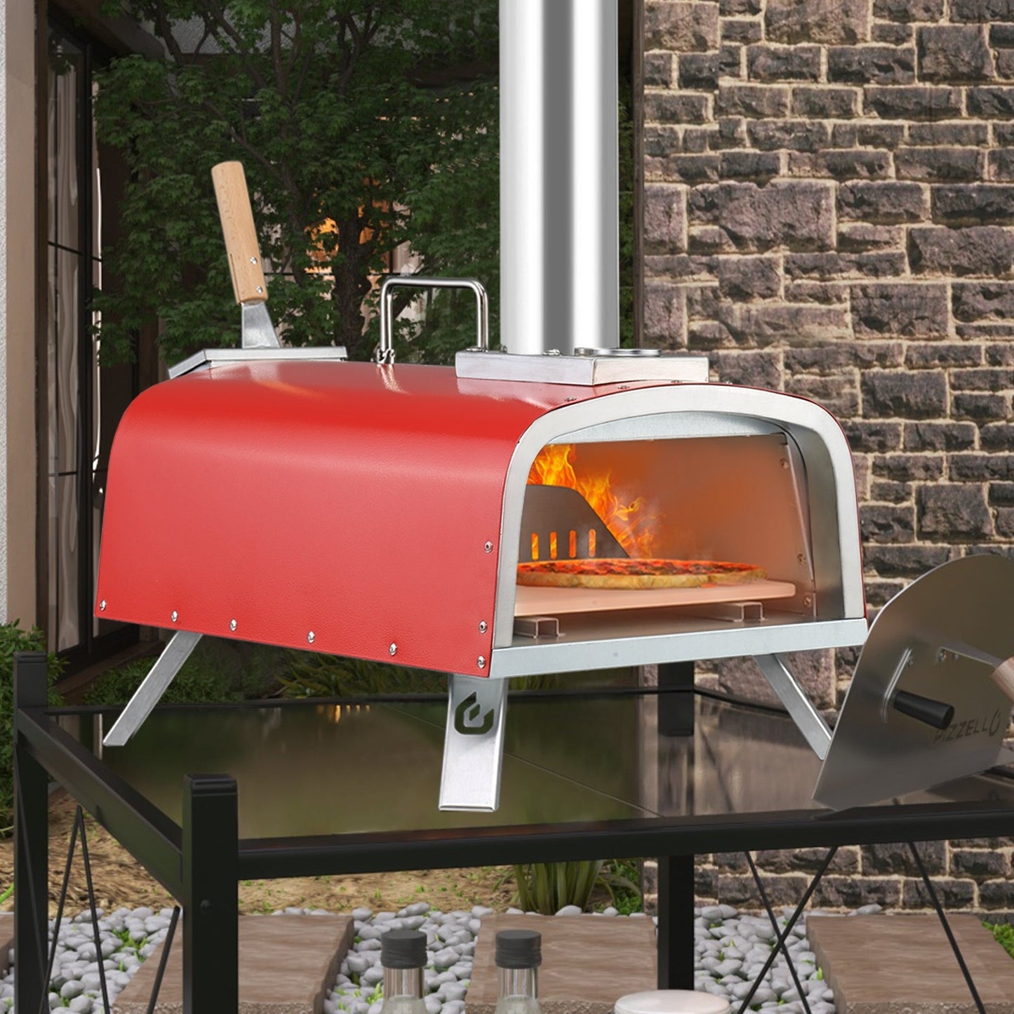 Four à pizza extérieur multi-combustibles avec brûleur à gaz et boîte à bois - 30 cm