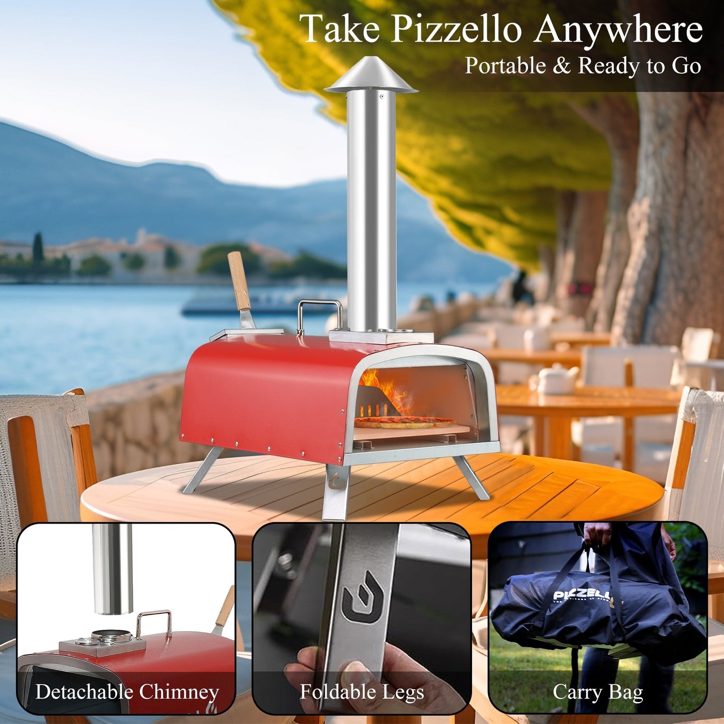 Four à pizza extérieur multi-combustibles avec brûleur à gaz et boîte à bois - 30 cm