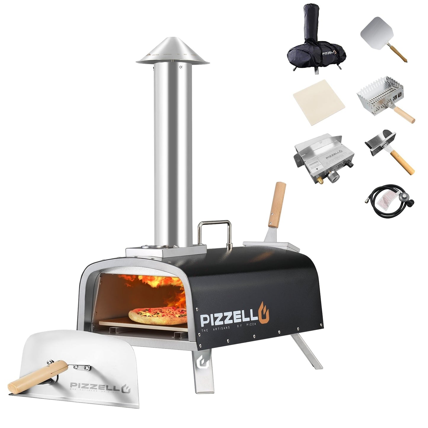 Four à pizza extérieur multi-combustibles avec brûleur à gaz et boîte à bois - 30 cm