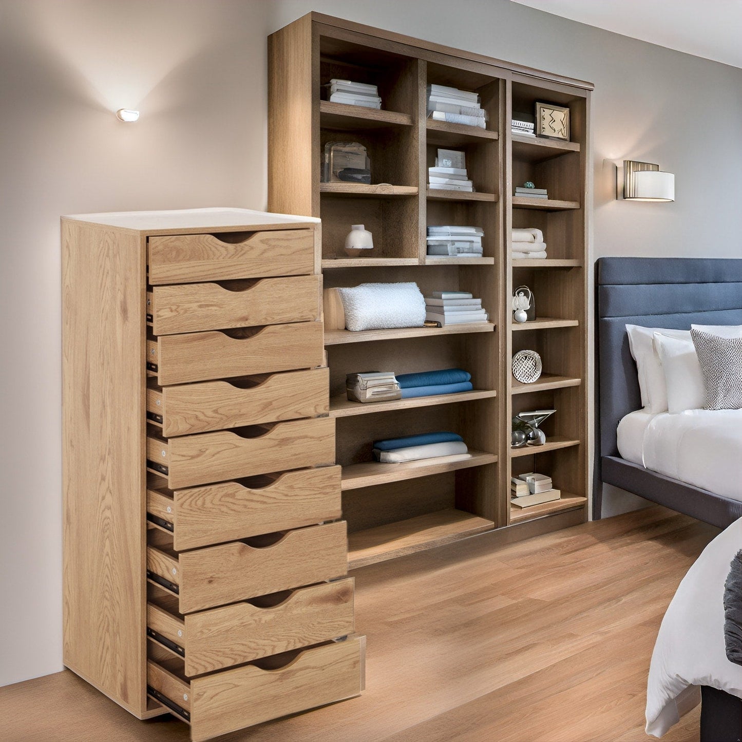 Meuble étroit en bois à 9 tiroirs avec glissières en douceur et étagère de rangement supérieure