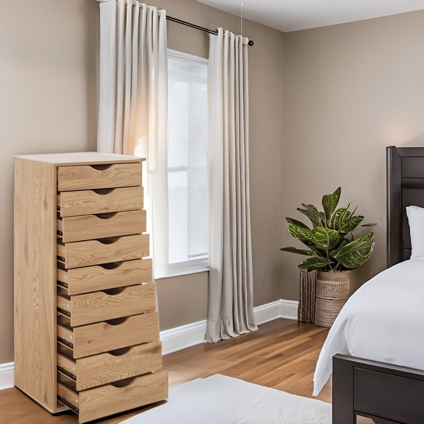 Meuble étroit en bois à 9 tiroirs avec glissières en douceur et étagère de rangement supérieure