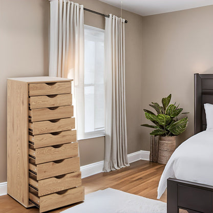 Meuble étroit en bois à 9 tiroirs avec glissières en douceur et étagère de rangement supérieure