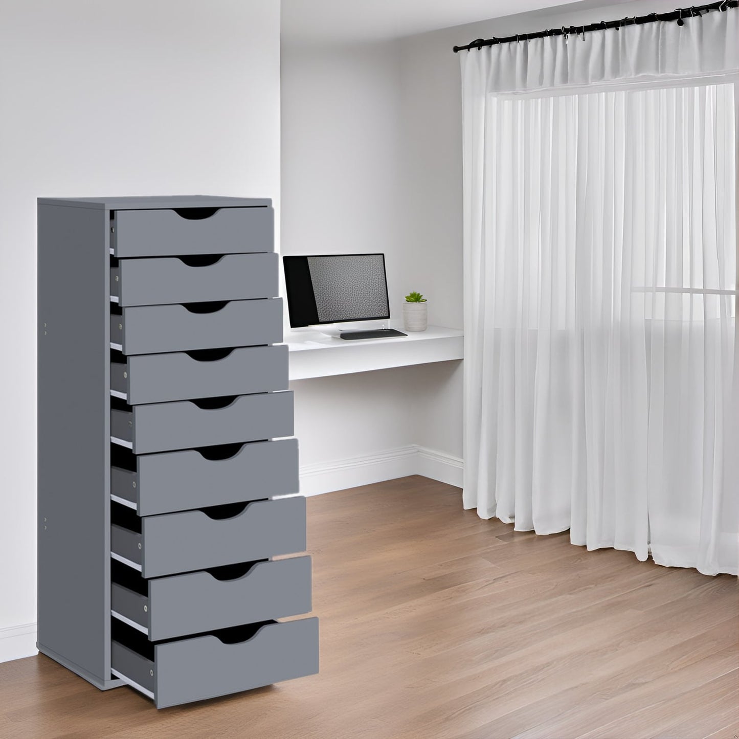 Meuble étroit en bois à 9 tiroirs avec glissières en douceur et étagère de rangement supérieure