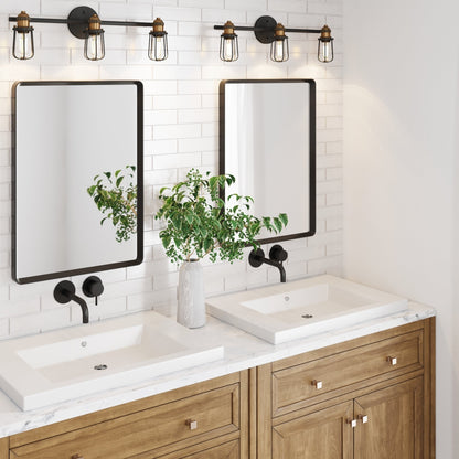 Applique murale Nathan James Rori pour salle de bain intérieure, 3 lumières, style ferme, avec détails en laiton.