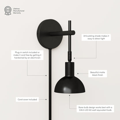 Applique murale Nathan James Tamlin à bras articulé, 1 lumière, avec prise et interrupteur marche/arrêt