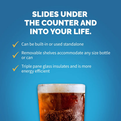 Réfrigérateur à boissons encastrable Newair de 15 pouces (38 cm) et d'une capacité de 96 canettes, en acier inoxydable, avec contrôle de la température et étagères réglables.