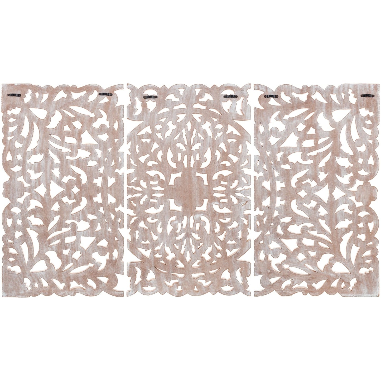 Tableau mural Norma Floral sculpté à la main en bois naturel, 3 panneaux, 48 x 28 pouces