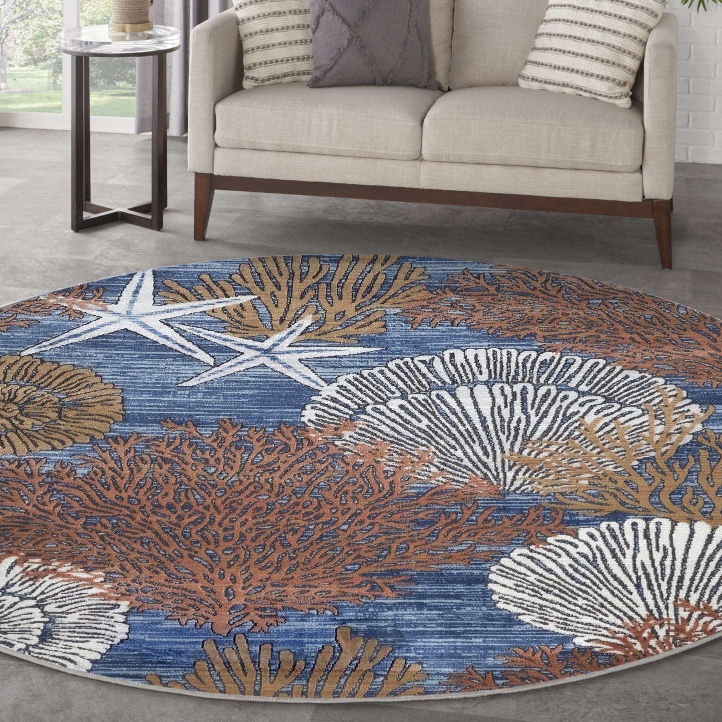 Tapis Nourison Pompéi, motif coquillages et coraux, idéal pour la plage côtière