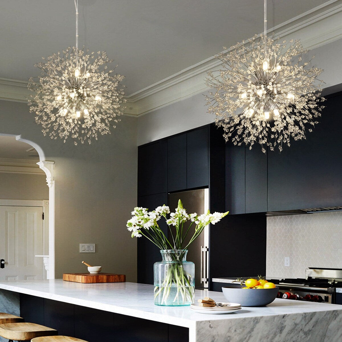 Lustre Sputnik moderne OYIPRO avec effet feu d'artifice et suspension en cristal