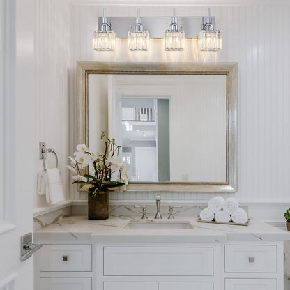 Luminaires de salle de bain modernes à intensité variable en cristal Ora, à installer au-dessus du miroir, style glamour.