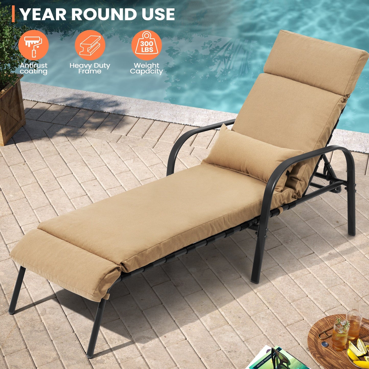 Chaise longue d'extérieur réglable avec coussin, idéale pour la plage et la piscine