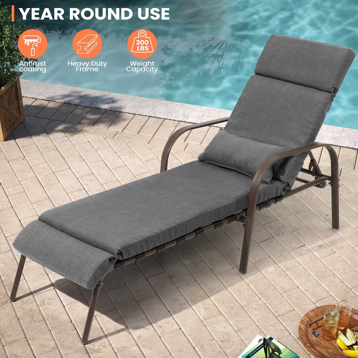 Chaise longue d'extérieur réglable avec coussin, idéale pour la plage et la piscine