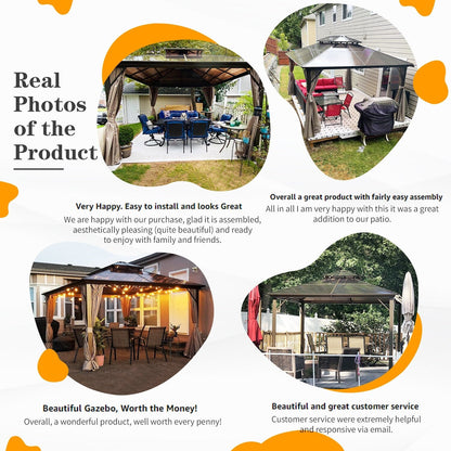 Gazebo à toit rigide EROMMY, pergola d'extérieur avec double toit, filet et rideaux, auvent robuste pour patio, arrière-cour, fête au bord de la piscine