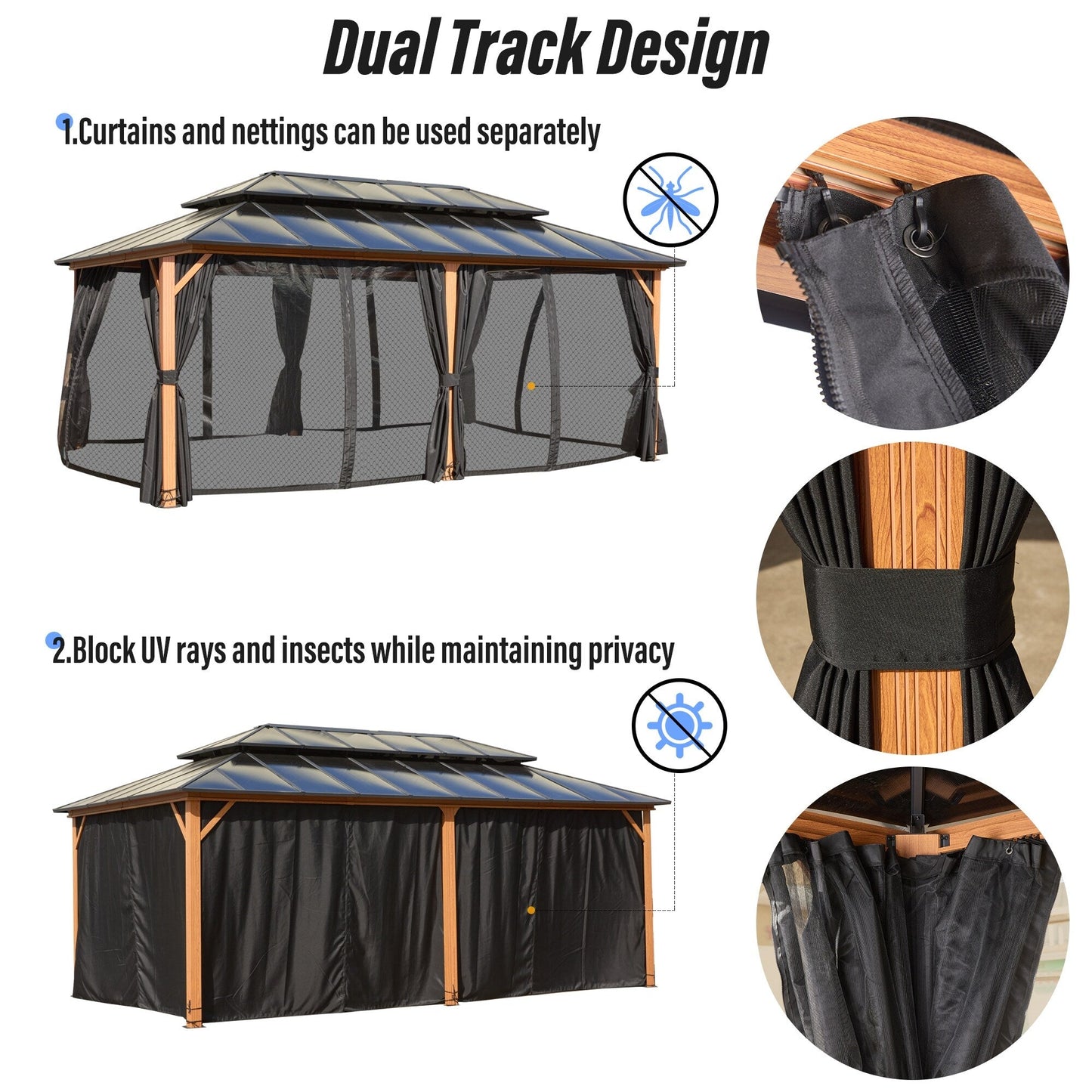 Gazebo à toit rigide EROMMY, pergola d'extérieur avec double toit, filet et rideaux, auvent robuste pour patio, arrière-cour, fête au bord de la piscine