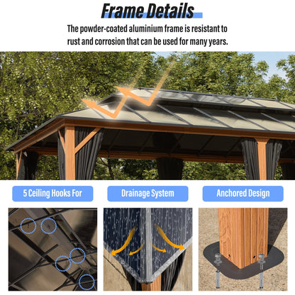 Gazebo à toit rigide EROMMY, pergola d'extérieur avec double toit, filet et rideaux, auvent robuste pour patio, arrière-cour, fête au bord de la piscine