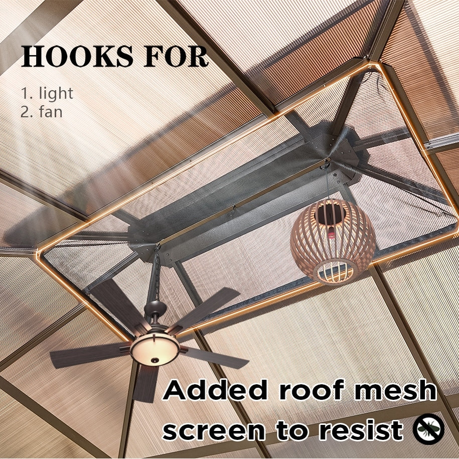 Gazebo à toit rigide EROMMY, pergola d'extérieur avec double toit, filet et rideaux, auvent robuste pour patio, arrière-cour, fête au bord de la piscine