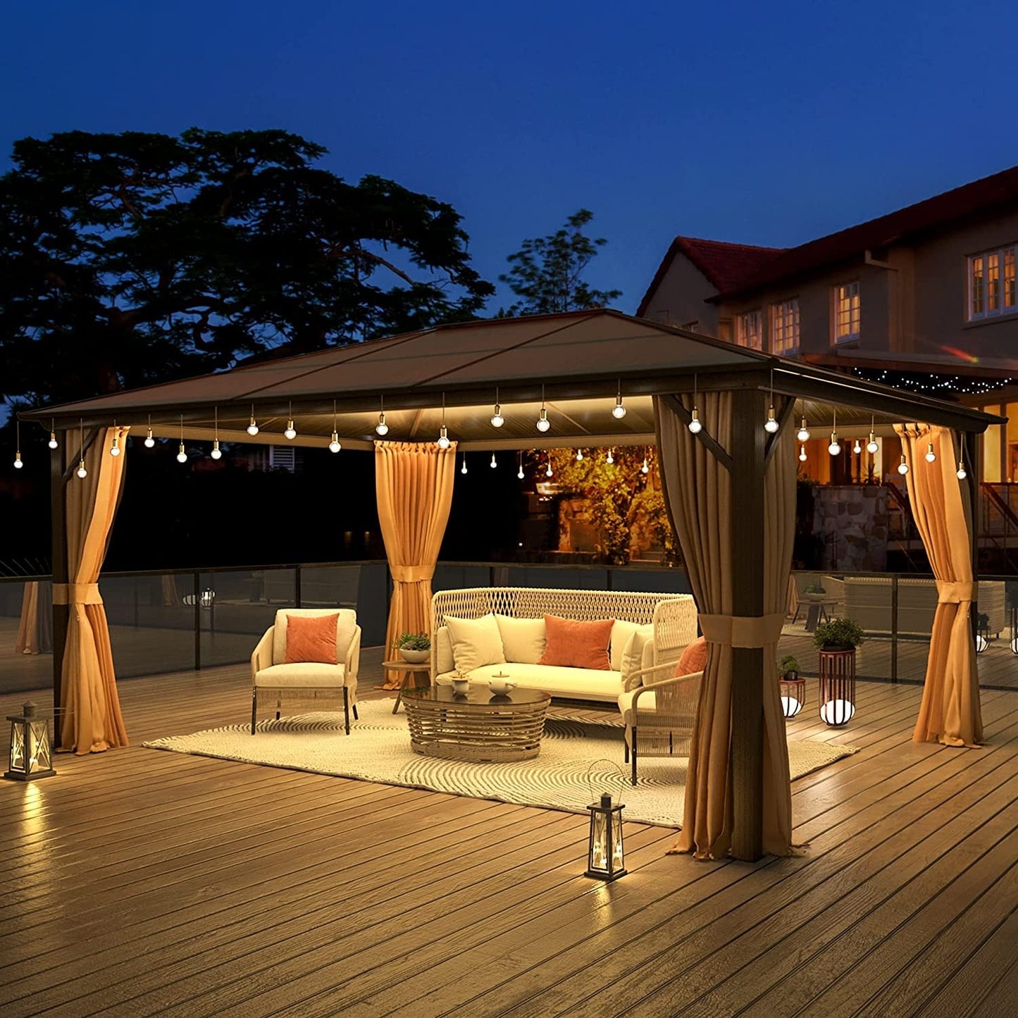 Gazebo à toit rigide EROMMY, pergola d'extérieur avec double toit, filet et rideaux, auvent robuste pour patio, arrière-cour, fête au bord de la piscine