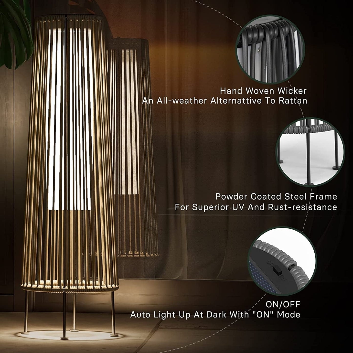 Lot de 2 lampes solaires d'extérieur sur pied, en osier résistant aux intempéries, étanches, pour terrasse, porche, jardin.