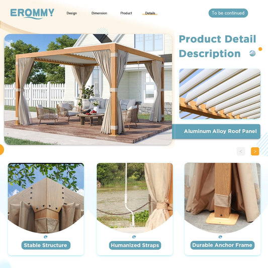 EROMMY Pergola d'extérieur à persiennes avec toit en aluminium réglable et imperméable