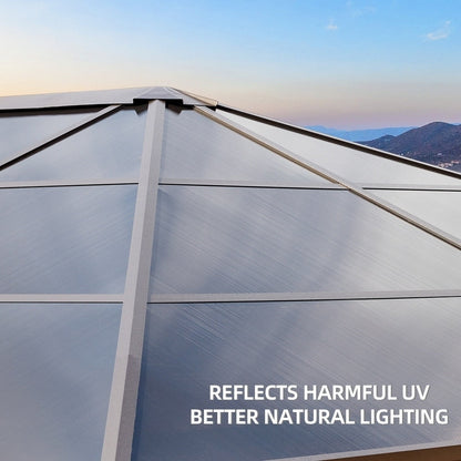 Tonnelle à toit rigide pour jardin – Pergola permanente avec filet, rideaux et double toit, abri extérieur toutes saisons