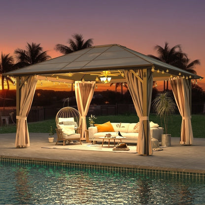 Tonnelle à toit rigide pour jardin – Pergola permanente avec filet, rideaux et double toit, abri extérieur toutes saisons