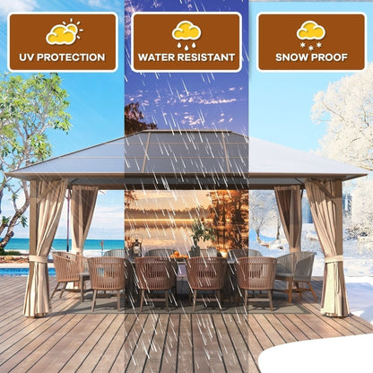 Tonnelle à toit rigide pour jardin – Pergola permanente avec filet, rideaux et double toit, abri extérieur toutes saisons