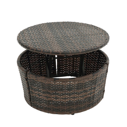 Lit de repos rond en rotin pour extérieur avec table basse relevable, canapé-lit profond bleu marine avec oreillers et coussins lavables