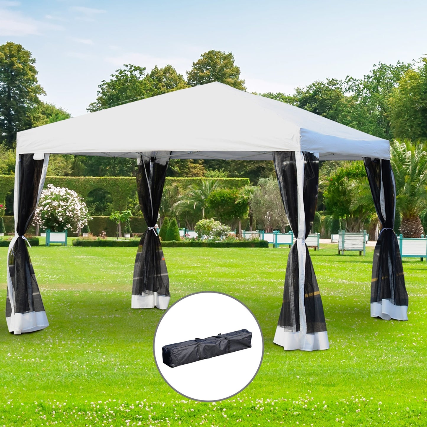 Chapiteau pliant robuste Outsunny 3 m x 3 m avec filets latéraux amovibles, montage facile, idéal pour les fêtes en extérieur.