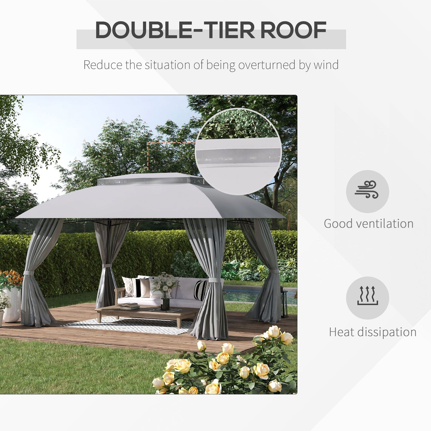 Gazebo de patio Outsunny 3 m x 4 m avec parois latérales, toit à double ventilation et structure en acier