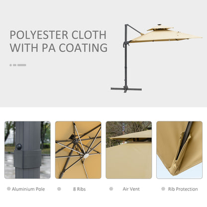 Parasol de terrasse Outsunny de 3 m (10 pi) à LED solaires, parasol déporté avec rotation à 360°, base en croix, 8 baleines, inclinaison et manivelle