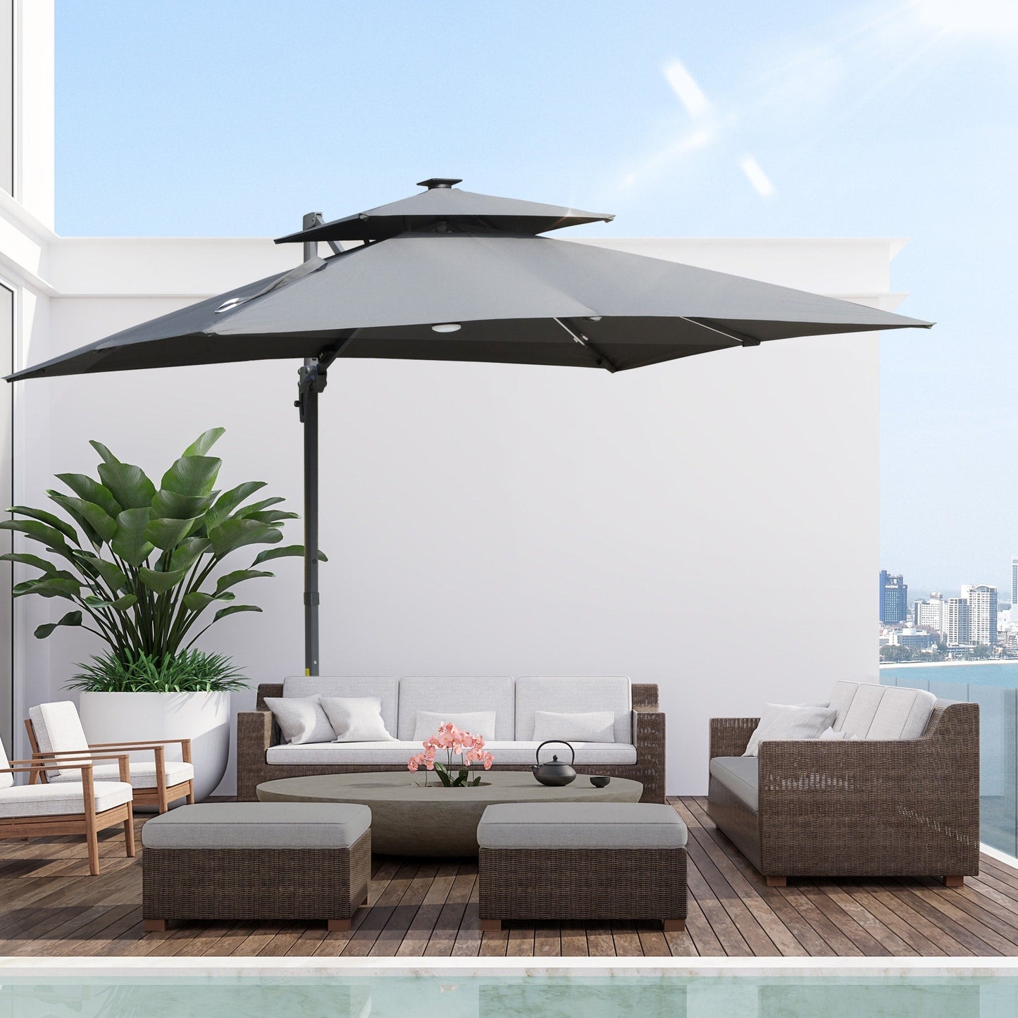 Parasol de terrasse Outsunny de 3 m (10 pi) à LED solaires, parasol déporté avec rotation à 360°, base en croix, 8 baleines, inclinaison et manivelle