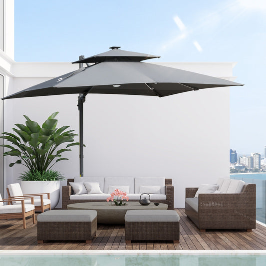 Parasol de terrasse Outsunny de 3 m (10 pi) à LED solaires, parasol déporté avec rotation à 360°, base en croix, 8 baleines, inclinaison et manivelle