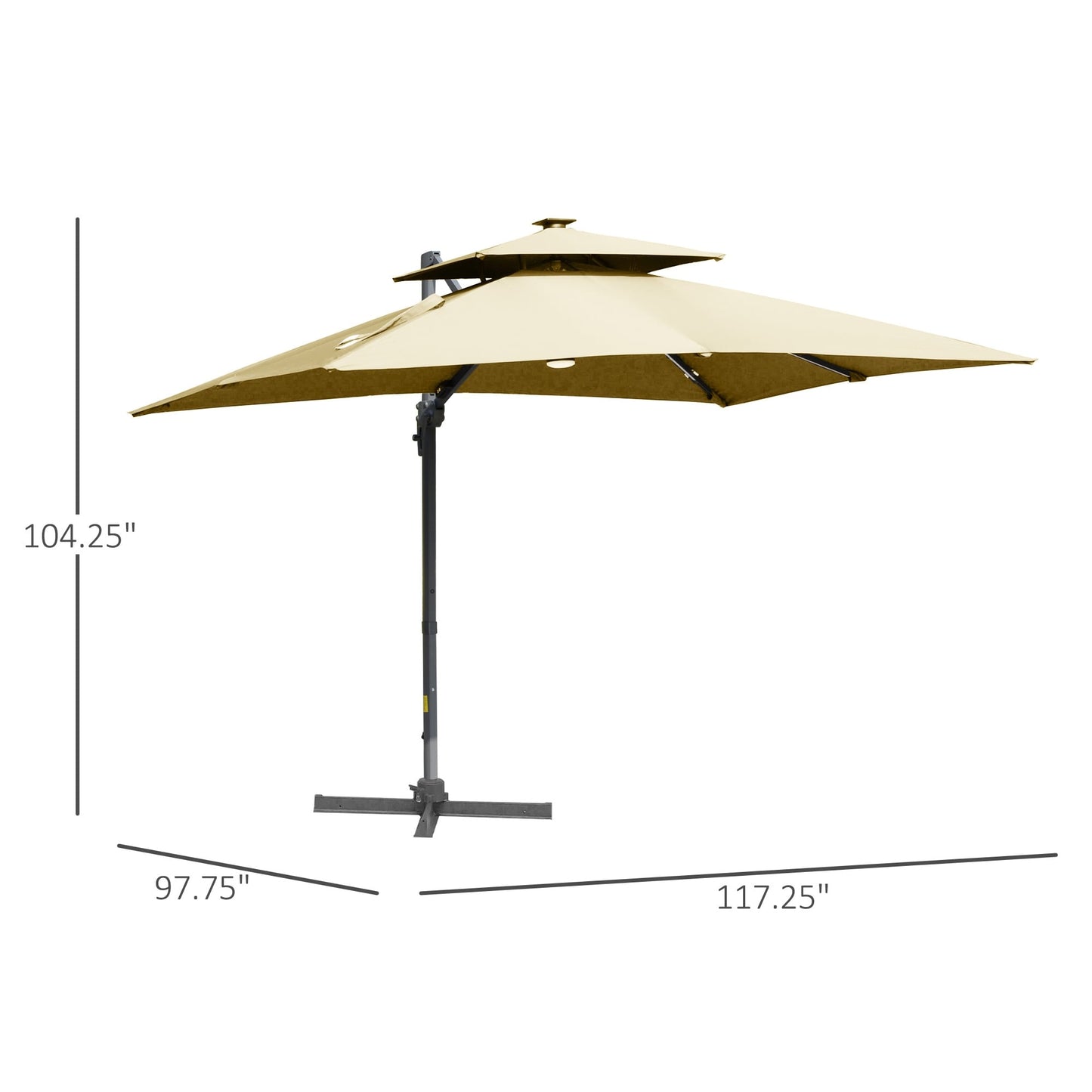 Parasol de terrasse Outsunny de 3 m (10 pi) à LED solaires, parasol déporté avec rotation à 360°, base en croix, 8 baleines, inclinaison et manivelle