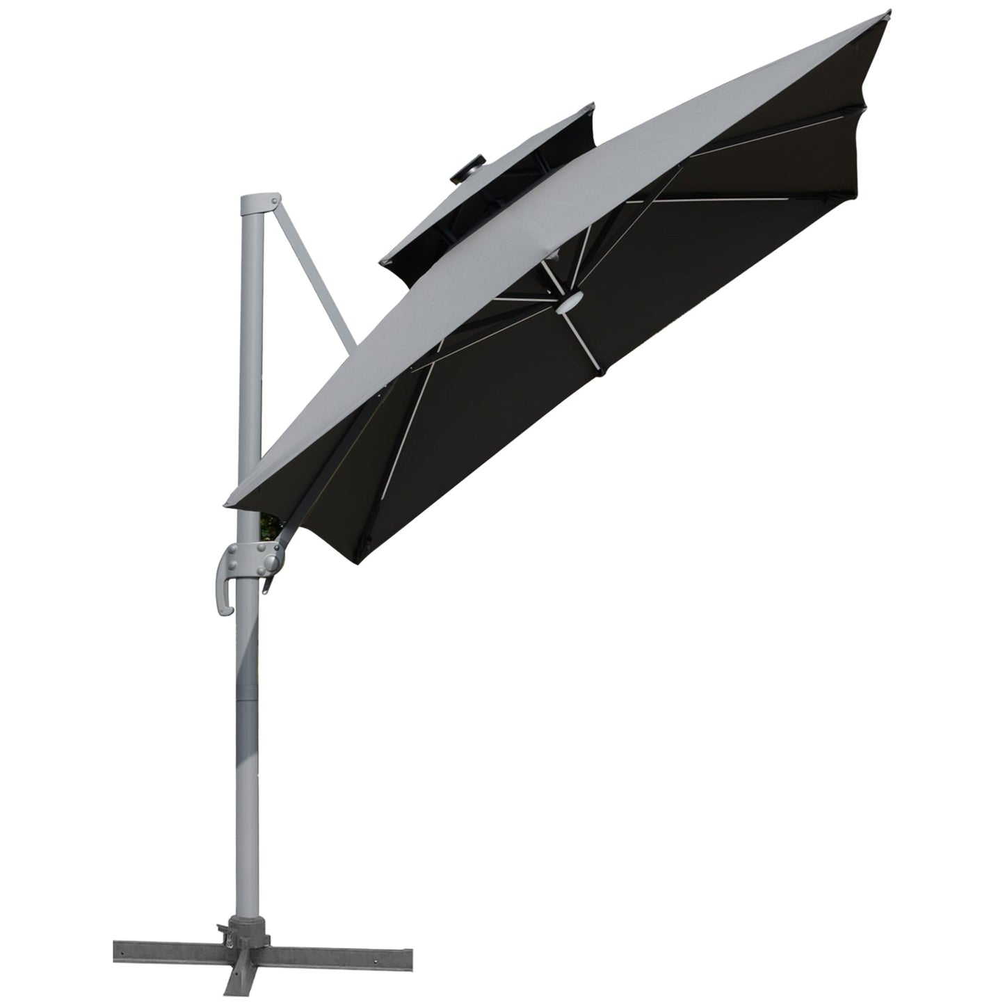Parasol de terrasse Outsunny de 3 m (10 pi) à LED solaires, parasol déporté avec rotation à 360°, base en croix, 8 baleines, inclinaison et manivelle