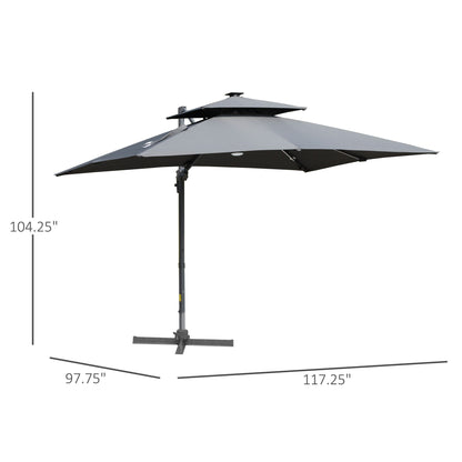 Parasol de terrasse Outsunny de 3 m (10 pi) à LED solaires, parasol déporté avec rotation à 360°, base en croix, 8 baleines, inclinaison et manivelle