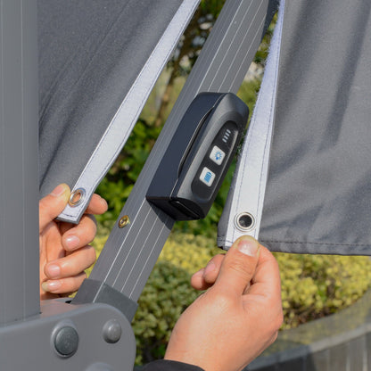 Parasol de terrasse Outsunny de 3 m (10 pi) à LED solaires, parasol déporté avec rotation à 360°, base en croix, 8 baleines, inclinaison et manivelle