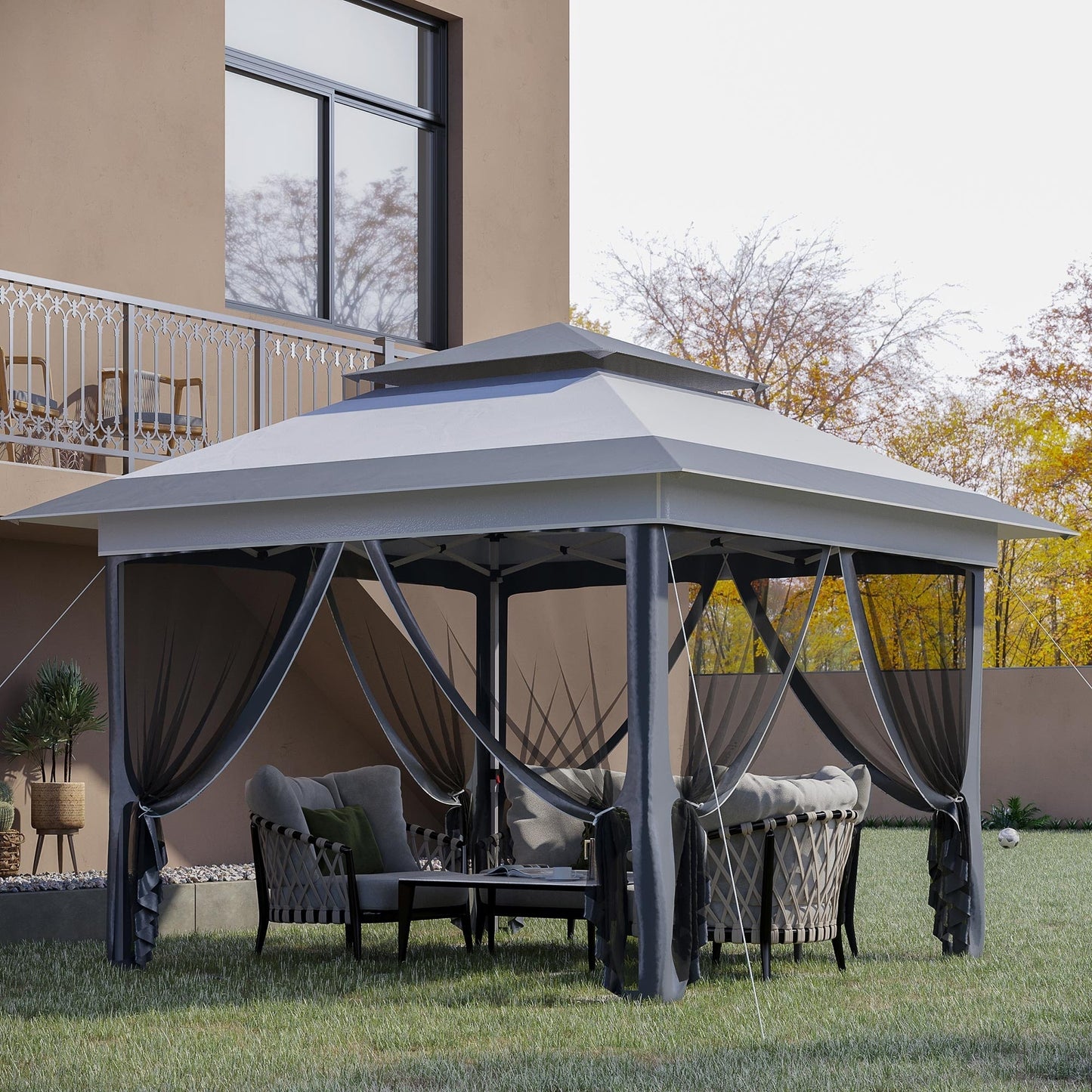 Abri pare-soleil instantané Outsunny 3,65 m x 3,65 m avec parois latérales en filet et hauteur réglable sur 3 niveaux