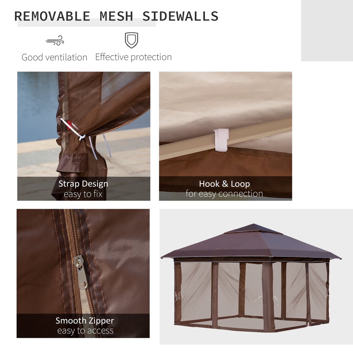 Abri pare-soleil instantané Outsunny 3,65 m x 3,65 m avec parois latérales en filet et hauteur réglable sur 3 niveaux