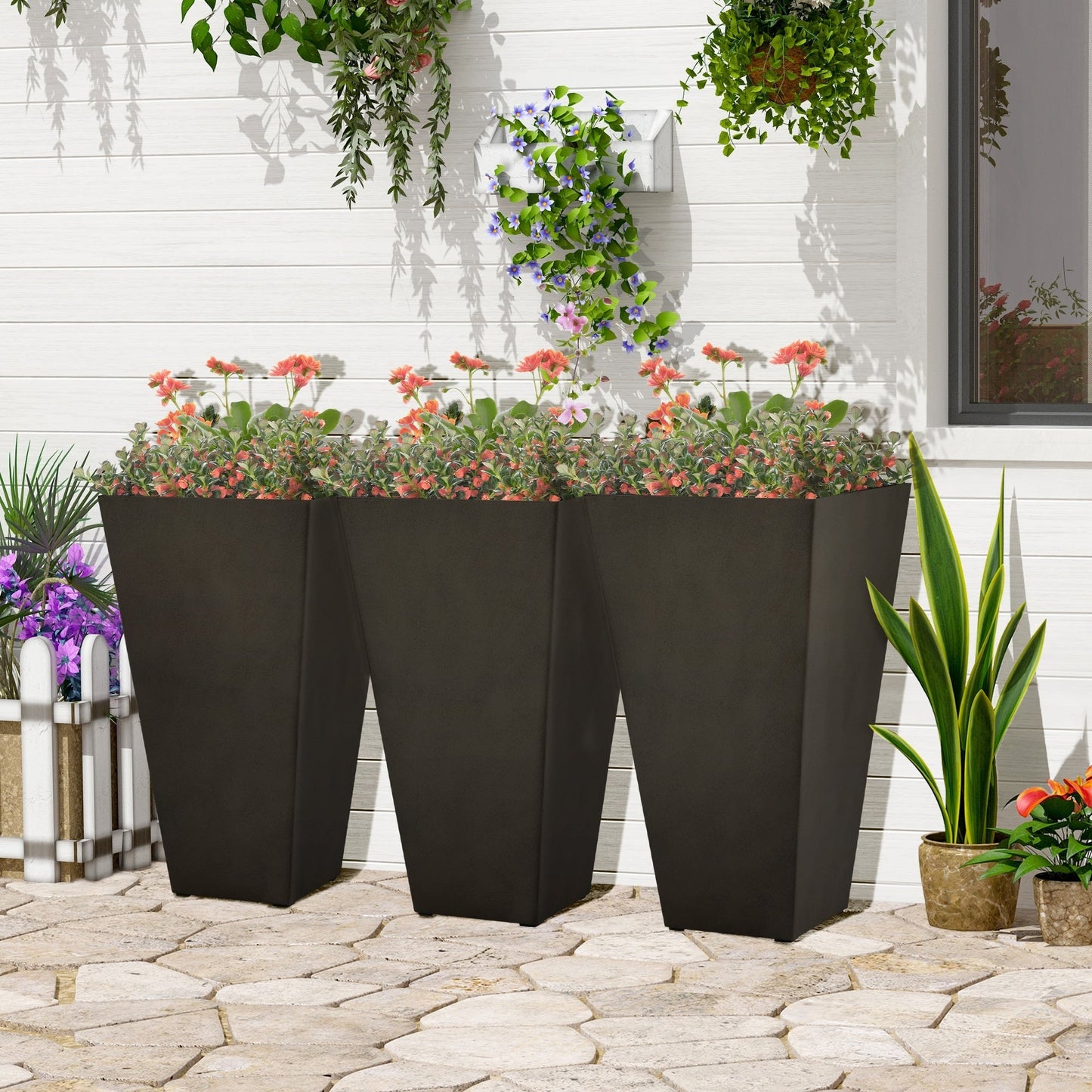 Ensemble de 3 pots de fleurs en plastique Outsunny de 71 cm de haut, grands pots de jardin en plastique pour l'intérieur et l'extérieur, pour l'entrée, la terrasse et le jardin.
