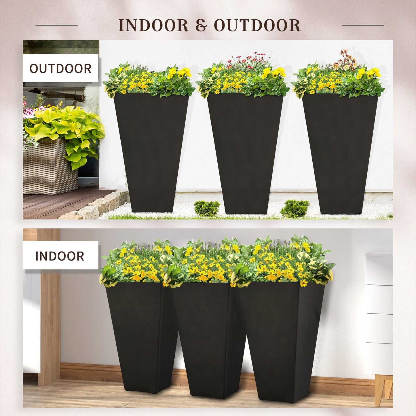 Ensemble de 3 pots de fleurs en plastique Outsunny de 71 cm de haut, grands pots de jardin en plastique pour l'intérieur et l'extérieur, pour l'entrée, la terrasse et le jardin.