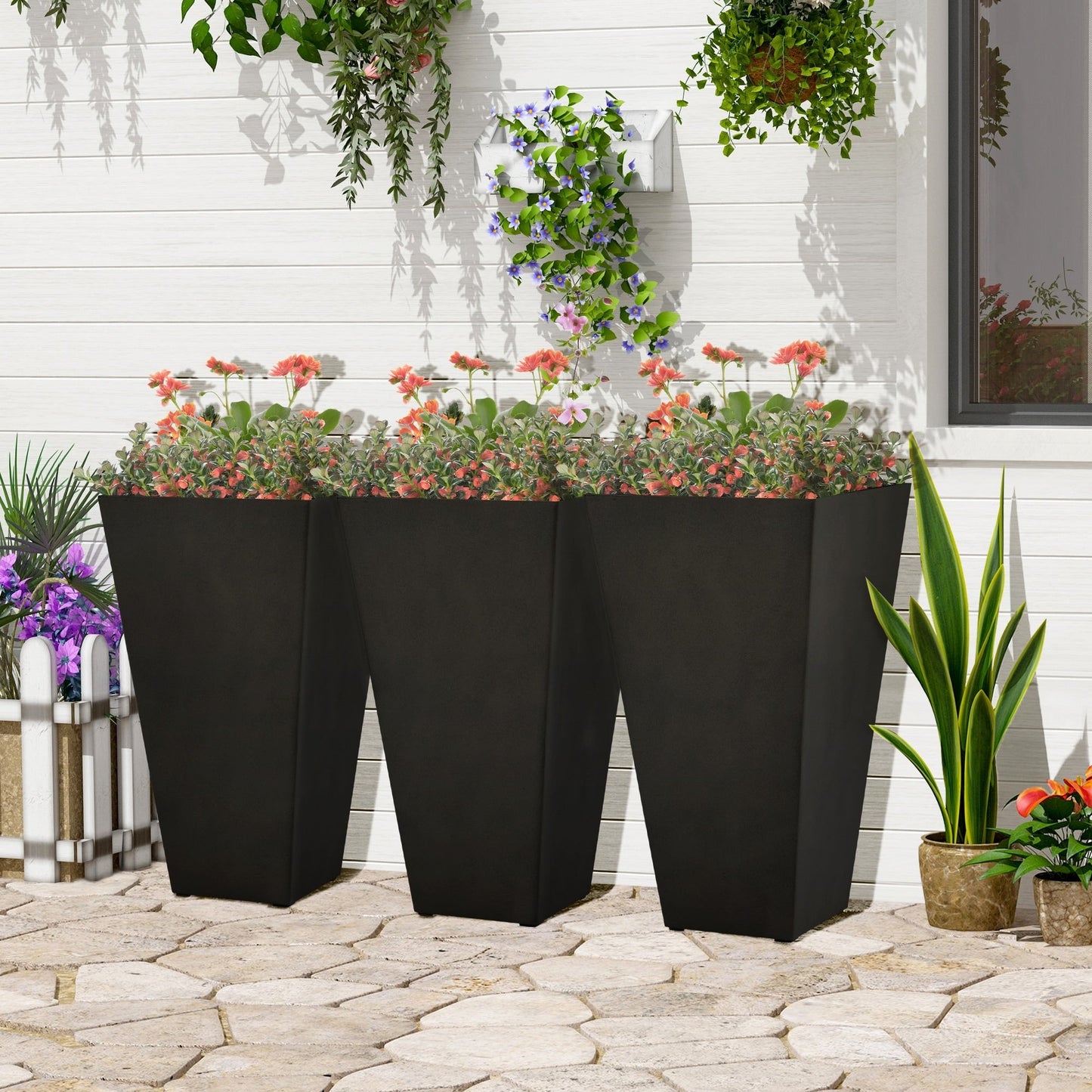 Ensemble de 3 pots de fleurs en plastique Outsunny de 71 cm de haut, grands pots de jardin en plastique pour l'intérieur et l'extérieur, pour l'entrée, la terrasse et le jardin.