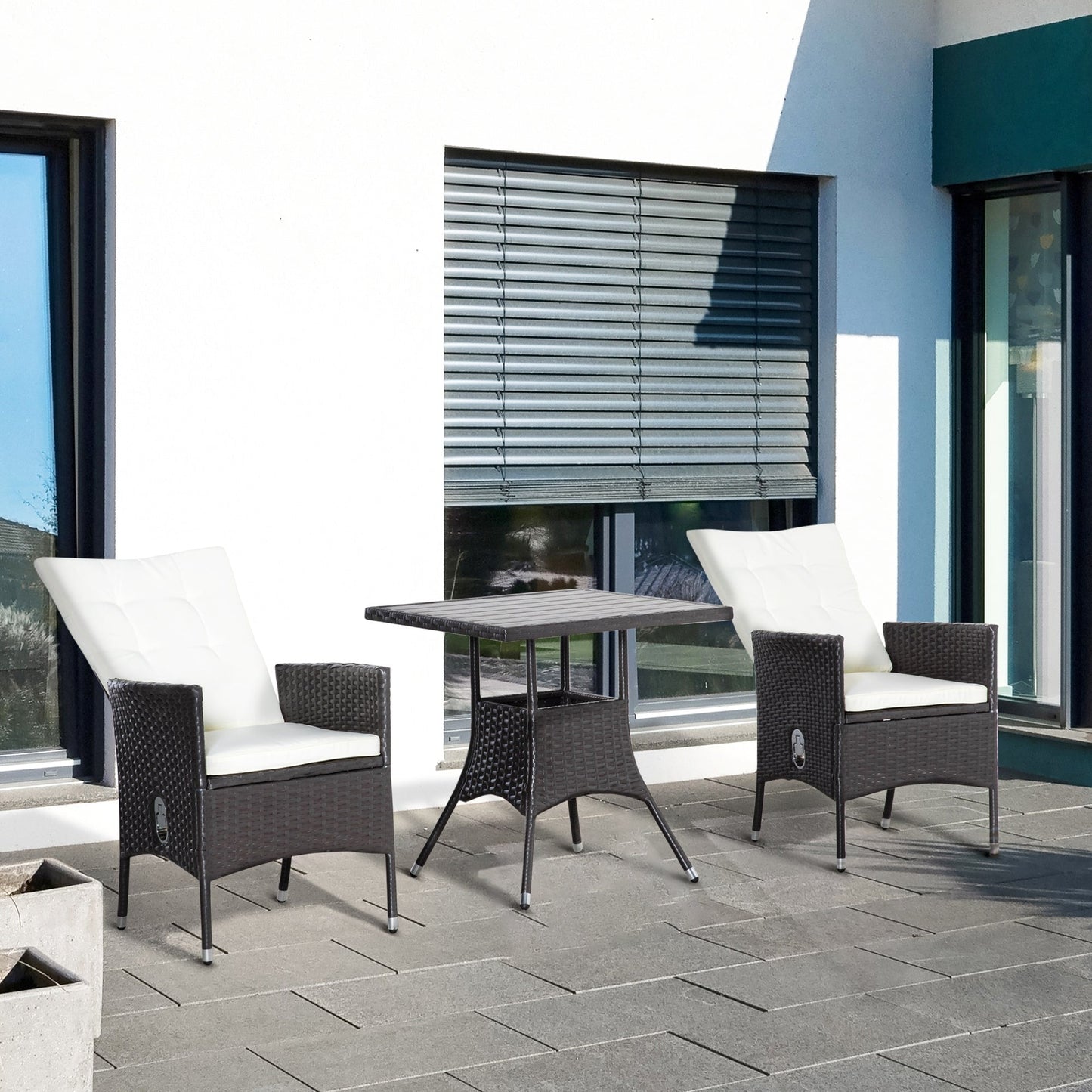 Ensemble de canapé de patio 3 pièces Outsunny en rotin PE, fauteuils inclinables d'extérieur, table basse avec plateau en plastique imitation bois