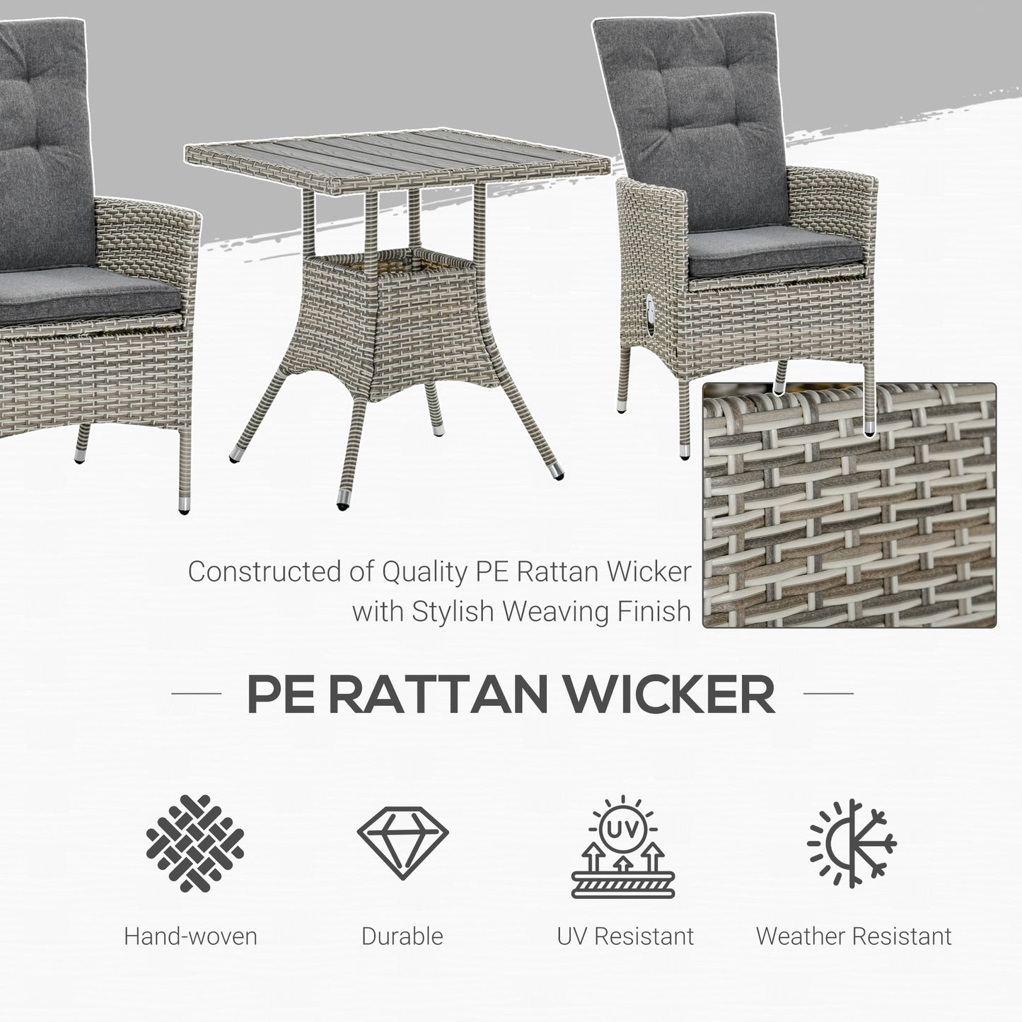 Ensemble de canapé de patio 3 pièces Outsunny en rotin PE, fauteuils inclinables d'extérieur, table basse avec plateau en plastique imitation bois