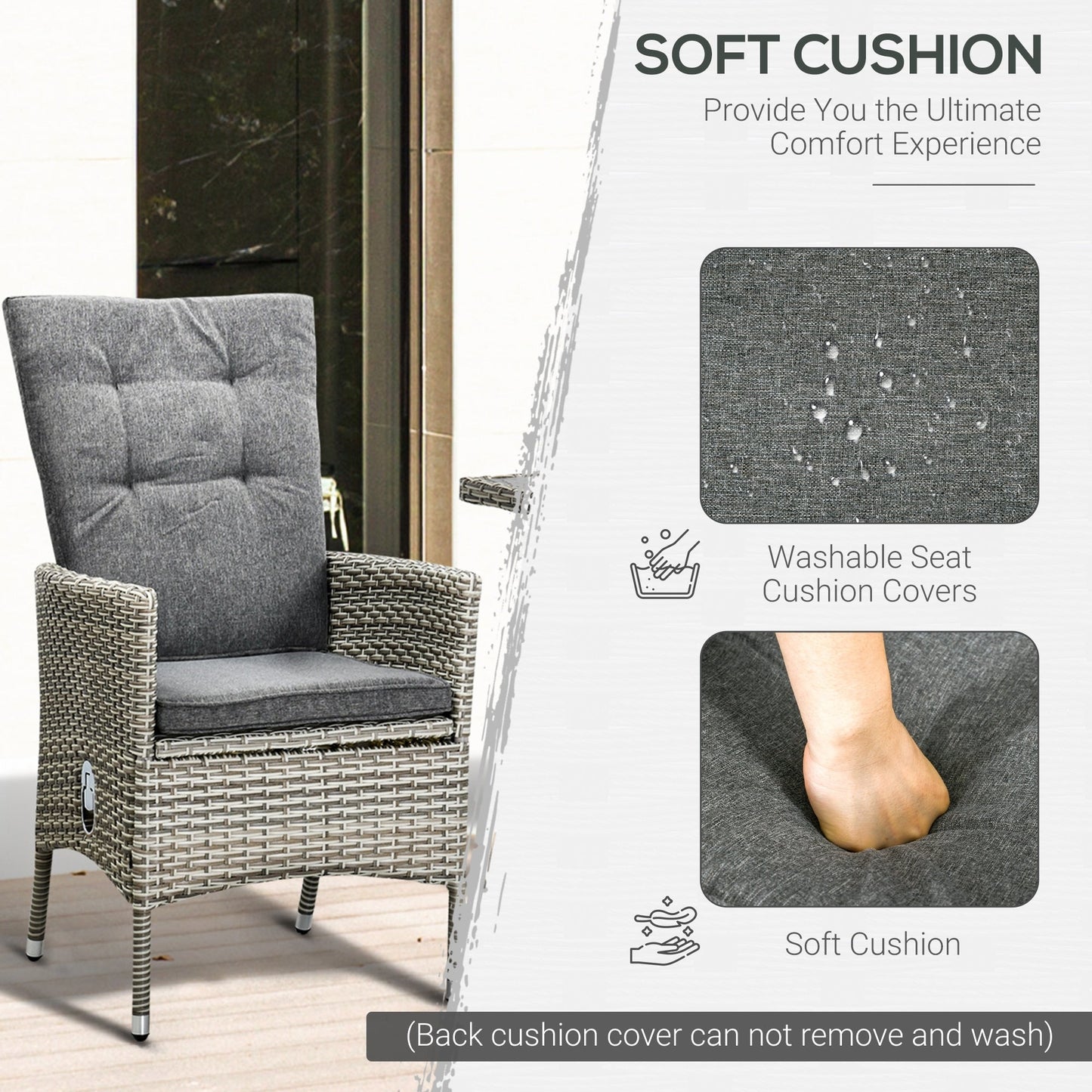 Ensemble de canapé de patio 3 pièces Outsunny en rotin PE, fauteuils inclinables d'extérieur, table basse avec plateau en plastique imitation bois