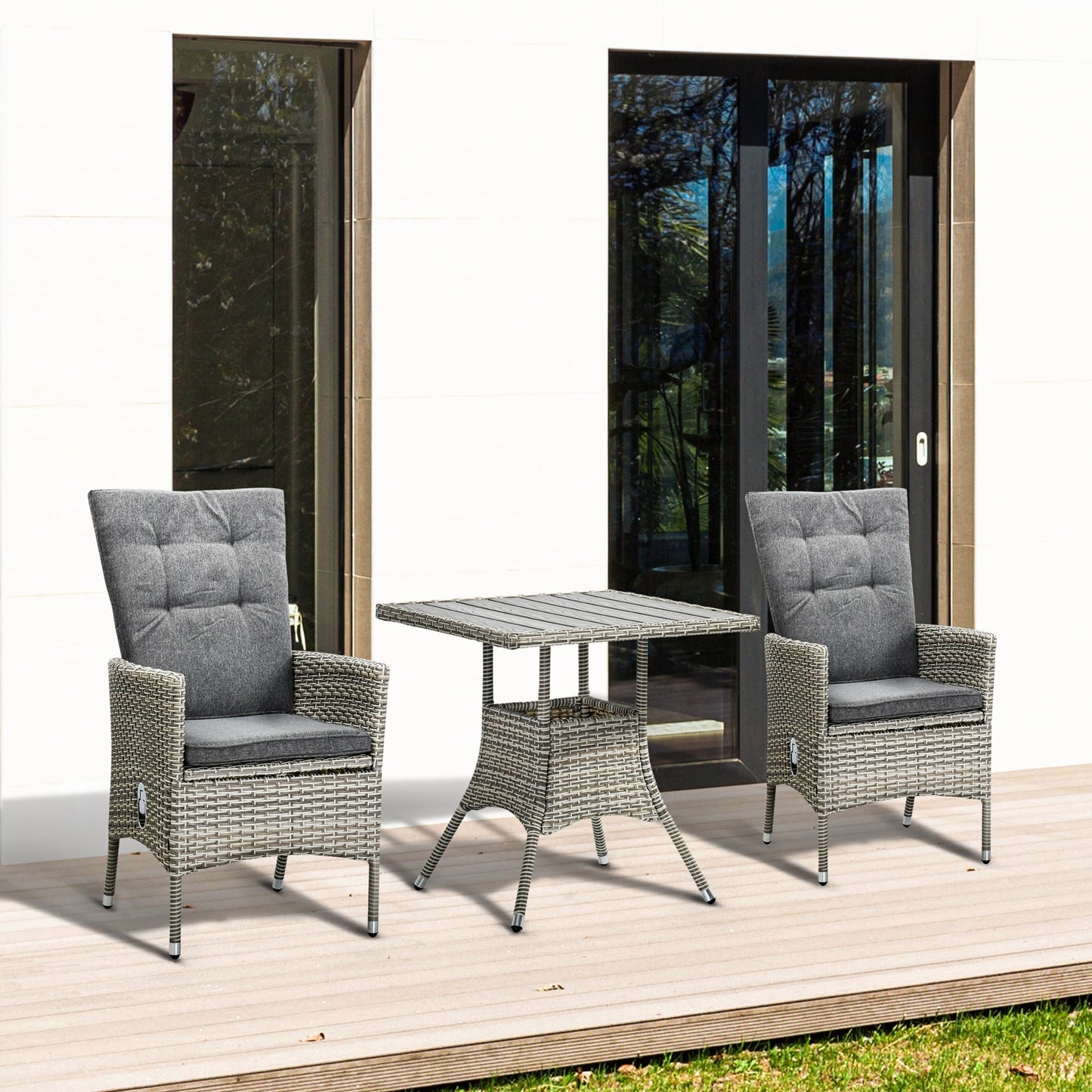 Ensemble de canapé de patio 3 pièces Outsunny en rotin PE, fauteuils inclinables d'extérieur, table basse avec plateau en plastique imitation bois