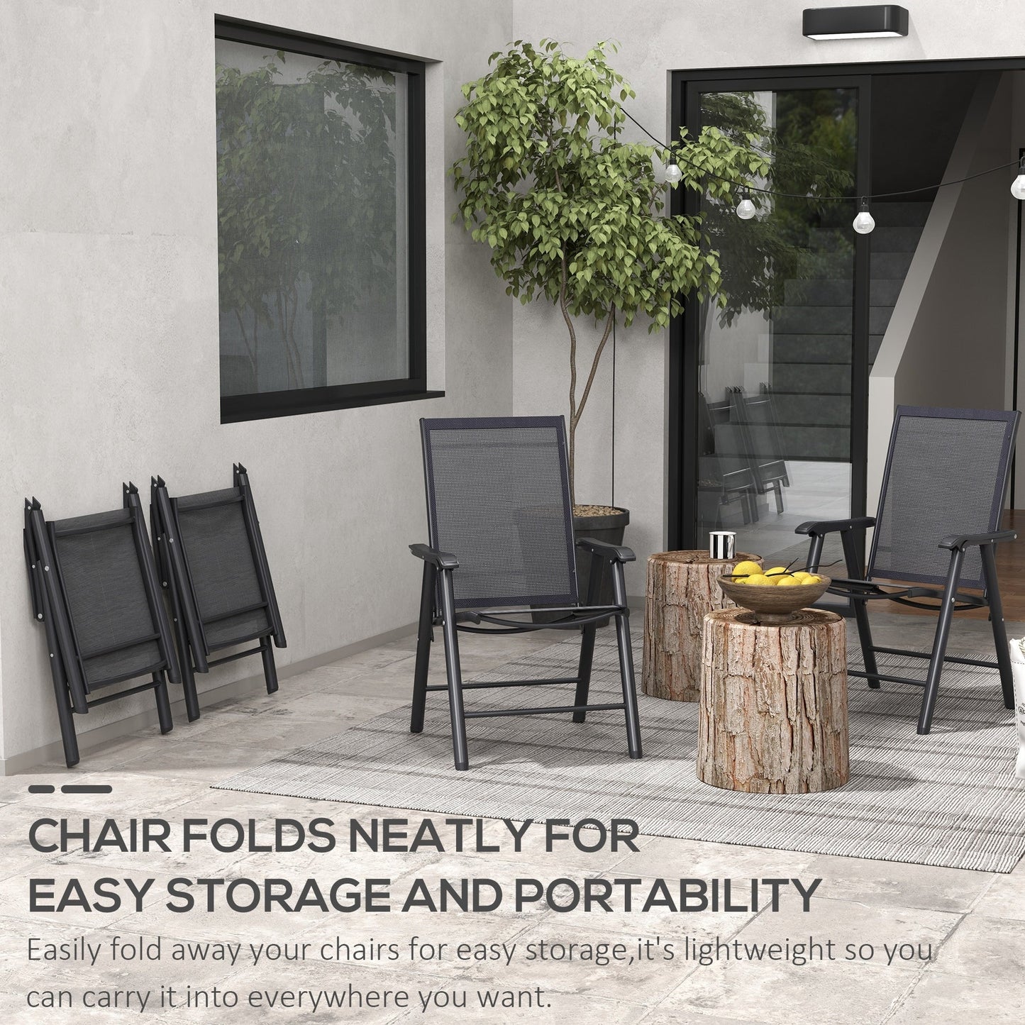 Ensemble de 4 chaises de patio pliantes Outsunny au design simple et élégant, confortables pour la terrasse, le jardin, la cour et les voyages.