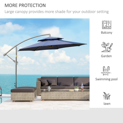 Parasol déporté Outsunny 9' à 2 niveaux avec manivelle, base en croix et 8 baleines, pour jardin et terrasse.