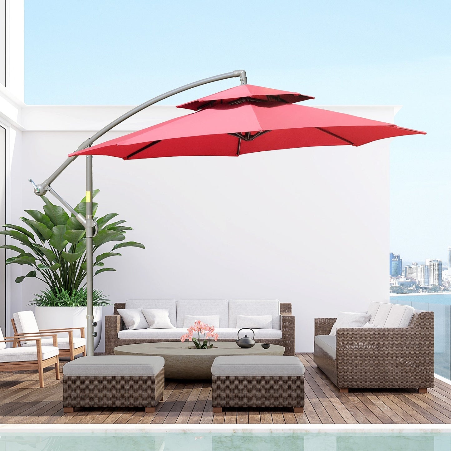 Parasol déporté Outsunny 9' à 2 niveaux avec manivelle, base en croix et 8 baleines, pour jardin et terrasse.